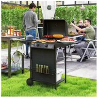 Outsunny Gasgrill inkl 3 Brenner, Seitenkocher, Rolle, BBQ Gartengrill, 7 KW Grillwagen, mit Thermometer Seitenablagen, für Balkon, Grill 107 x 54 x 96 cm