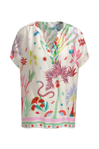 Milano Italy - sleeveless blouse w neckpanel + v-neck sand print - Gr. - 36