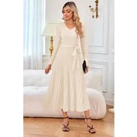 Arach&Cloz Strickkleid Damen Pulloverkleid Herbst Winterkleid Lang Plissee V-Ausschnitt Langarm Elegant Midi Kleider Winter