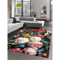 Carpetia Teppich Teppich Wohnzimmer Designerteppich Blumen Blumenstrauß schwarz rot, rechteckig, Höhe: 13 mm