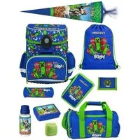 Familando Schulranzen Minecraft 1.-4. Klasse ergonomisch, geräumig, Volumen 18 Liter (Set, 10-tlg., inkl. Sporttasche und Schultüte / Zuckertüte 85cm), MINECRAFT Motiv blau