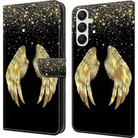 CLM-Tech Handytasche für Samsung Galaxy A57 5G Klapphülle aus PU Leder (goldene Flügel, 1-tlg., Flip Case), Magnetverschluss, Standfunktion und Kartenfächer