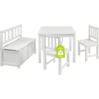 BOMI Kindersitzgruppe Holzsitzgruppe Anna, (Set, 4-tlg., 1x Tisch, 1x Truhenbank & 2x Stühle), Kindertischgruppe aus Holz, als Spiel- & Maltisch