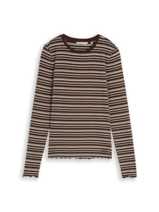 Denim Tom Tailor - longsleeve T-shirt with frill edge brown white irregular stripe - Gr. - S