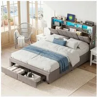 zebery Stauraumbett Polsterbett Doppelbett Mit 2 Schublade (Packung, 1-tlg., Kopfteil und Bettgestell), 140x200 cm,USB+Typ-C und 2 Steckdose,LED-Leuchten,Leinenstoff,Grau