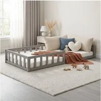 Homestyle4u Kinderbett 90x200 120x200 mit / ohne Matratze Natur Bodenbett Montessori (Komplett-Set mit Lattenrost, Matratze mit OEKO-TEX® Standard 100), mit Rausfallschutz