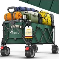 TRESKO Bollerwagen Bollerwagen faltbar 300L mit Bremse Handwagen klappbar 150kg (inkl. Vollgummireifen Faltbarer Strandwagen mit Extra Breite All-Terrain-Räder, Gartenwagen Transportwagen mit Tragetasche)