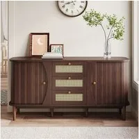 KLAM HOME Sideboard Rattankommode, Kommode mit Schiebetüren, mit verstellbaren Einlegeböden und abgerundeter Platte