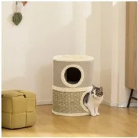 PawHut Kratztonne mit Plüschrand, Kratzmatte, 2 Höhle, (35,5 cm zweistöckige Katzentonne, 1-tlg., 49 cm hoch Kratzbaum), aus Sisal, für Katzen unter 4 kg, Khaki+Kaffee