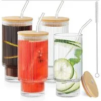 Anhow Cocktailglas 4er Cocktailgläser 350ml mit Deckel & Glasstrohhalm – stapelbar, Glas, Stapelbare Cocktailgläser mit Deckel & Strohhalm aus Glas