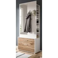 Inn.Furn Kompaktgarderobe Pallas (Garderobe in weiß mit Eiche, 80 x 190 cm) mit Spiegel, Kleiderstange und Schuhregal