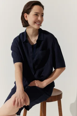 THE FASHION PEOPLE - Linen Blouse Solid dark navy - Gr. - 34