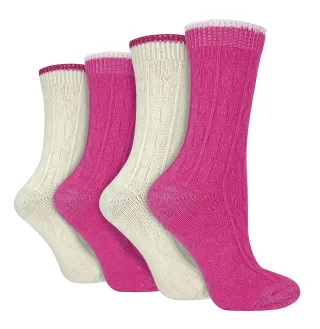 4er Pack Damen Kabelstrick Socken | Wildfeet | Lurex Glitzer Socken für Frauen - Creme/Rosa