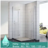 SONNI Eckdusche Duschkabine Eckeinstieg Bad Eckdusche Pendeltür Falttür 195cm, BxT: 80x80 cm, Nano Glas Drehfalttür 180º, H:195cm mit Nano Beschichtung