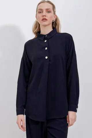 Strukturierter Langarm-Button-Up-Hemd und weiter Hosenanzug