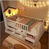 Flieks Kinderbett, Halbhohes Bett Hausbett Holzbett 90x200cm mit LED und 4 Schubladen