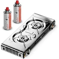EVOCAMP Gaskocher 2-flammig mit Piezozündung - für Gaskartuschen MSF-1a 227g, (mit 2 Kartuschen, Campingkocher für Gas - Campinggaskocher - Camping Herd), 2,5 kW x 2