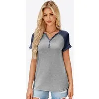 Imily Bela T-Shirt Damen mit V-Ausschnitt und Knopfleiste Casual Oberteil (Packung, 1-tlg., 1per-Pack) Raglanärmel-Design mit Kontrastfarben