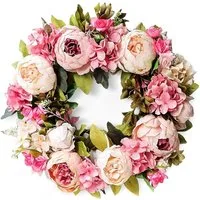 Kunstkranz Handgefertigter Deko-Kranz aus Pfingstrosen & Rebe (40 cm), Ophy, Wandkranz, Türkranz & Tischkranz für Haustür, Wand und Tisch