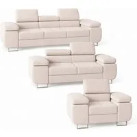 M-Punkt24 Polstergarnitur Miami, (SET 3-2-1, Samtstoff Creme), mit Bettfunktion und verstellbare Kopfstützen