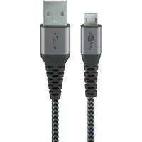 USB 2.0 Kabel, USB-A Stecker > Micro-USB Stecker grau/silber, 1 Meter, gesleevt, Metallstecker