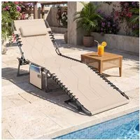 Outsunny Gartenliege mit Kopfkissen, Seitentasche, 5-Fach verstellbare Rückenlehne, Sonnenliege klappbar, 1 St., wetterfeste Liegestuhl, bis 130 kg belastbar, für Garten Strand Pool, Beige