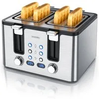 Arendo Toaster 4-Scheiben, Edelstahl, Brötchenaufsatz, Restzeitanzeige, Silber, 4 kurze Schlitze, für 4 Scheiben, 1750 W, Doppelwandgehäuse, Defrost Funktion, Krümelschublade, 6 Bräunungsgrade