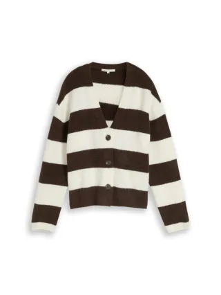 Denim Tom Tailor - Cosy Cardigan mit Wollanteil big brown white stripe - Gr. - L