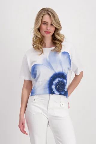 monari - T-Shirt mit Blumen Print und Strass weiß - Gr. - 44