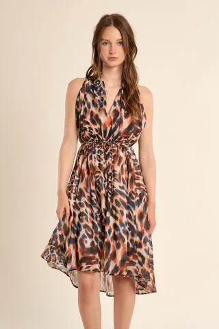 molly bracken - Kurzes bedrucktes Kleid, asymmetrisch beige/blau/orange - Gr. - S