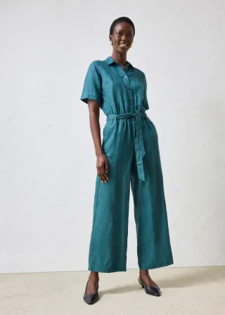 bonprix Jumpsuit aus reinem Leinen, petrol, Gr.54, eleganter Jumpsuit aus reinem Leinen, mit passendem Bindegürtel