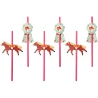 partydeco Trinkhalme, Papierstrohhalme 19cm mit Pferde Topper 6er Set Pink / Braun / Grün