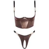 Abierta Fina Set: Bügel-BH Ouvert-Set mit Hebe-BH & String in schimmernden Bronzegold (2-tlg) Roségoldfarbene Schmuck-Details