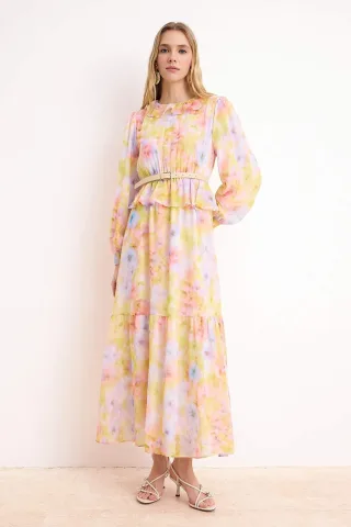 Langes, geblümtes Maxikleid für Damen, lässig/alltagstauglich, A-Linie, Hijab-Stil