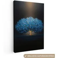 OneMillionCanvasses® Leinwandbild Baum - Blau - Blätter - Pinselstriche, Fotodruck (1 St), Leinwand Canvas Wandbild, Wanddekoration 20x30 cm