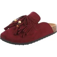 Ital-Design Damen Clog mit Fransen und Perlen, Schlupfschuh Pantolette (91742371) Flach Pantoletten in Weinrot