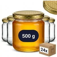 gouveo Honigglas 500g mit Schraub-Deckel - Leere Vorratsgläser 405 ml für Honig, Metall TO82 goldfarben, (24-tlg)
