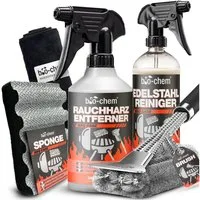 bio-chem Grillreiniger Set 5-teilig – Profi-Reinigung & Edelstahlreiniger Grillreiniger (Sparpaket, [- Rauchharz-Entferner, Edelstahl-Reiniger, Grillbürste, Schwamm, Tuch 4-teiliges Set mit Reinigern & Zubehör)