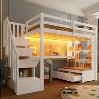 Merax Hochbett 90x200cm mit LED-Beleuchtung (1-St., Jugendbett Einzelbett Stockbett) Kiefer Kinderbett mit Schreibtisch Regalen Schubladen Stauraumtreppe