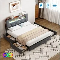 Gdood Polsterbett LED Stauraumbett 140x200cm, Doppelbett mit Kopfteil und 4 Schubladen (1-tlg., Samtmaterial Polsterbett mit RGB Beleuchtung), Bett mit Lattenrost, Ladefunktion, Komforthöhe und leisem Design