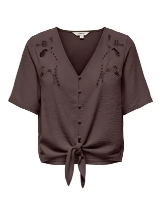 ONLY - Kurzarm-Bluse mit V-Ausschnitt und Knoten-Detail braun - Gr. - M