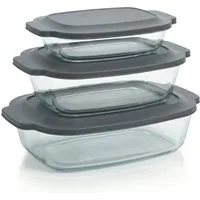 Arendo Auflaufform 3er Set 2000ml, 2700ml & 3800ml mit Deckel & Griffen, stapelbar, Glas, (3-St), Glasbehälter, Borosilikatglas, ofenfest, mikrowellengeeignet, BPA-frei