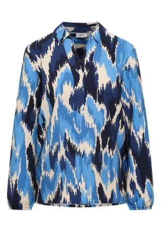 CECIL - Langarmbluse mit Allover-Muster und V-Ausschnitt blau - Gr. - M