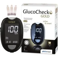 GlucoCheck Blutzuckermessgerät GlucoCheck Gold mgdl oder mmol, Spar-Set, Diabeteskontrolle, Smartes Messgerät, Teststreifeneinschub beleuchtet, Bluetooth und USB-Schnittstelle