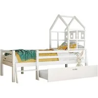 Flieks Hochbett Kinderbett Hausbett mit Schublade und Leiter 90x200cm Kiefer