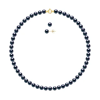 DIADEMA - Set - Halskette/Ohrringe - Echte Süßwasserperlen - Schwarzer Tahitian Style - Gelbgold