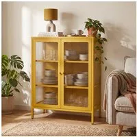 skølm Highboard Norns Vitrinenschrank mit Glastüren (senfgelb, bis 80 kg belastbar, kratzfest), Metallkommode mit verstellbaren Fächern, Sideboard 100x38x80 cm