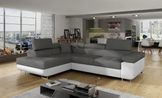 Ecksofa Schlafsofa SARRA Stoff Soft- Sawana Weiß-Dunkelgrau Ottomane Links