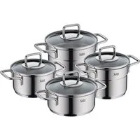 Silit Topf-Set Extra Cook Mini, Kochgeschirr-Set Induktion mit Glasdeckeln, stapelbar, Edelstahl 18/0 (Set, 8-tlg., 2 x Kochtopf 12/14cm, 2 x Bratentopf 12/14cm, 2 x Glasdeckel 12/14cm), SiliTherm Universalboden, breiter Schüttrand, spülmaschinengeei