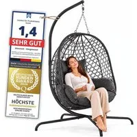 Goods+Gadgets Hängestuhl Polyrattan Hängestuhl mit Gestell und Kissen–Komfort für Innen & Außen (Hängekorb Sessel), Schwebeliege Rattan Outdoor & Indoor Relax Hängeliege
